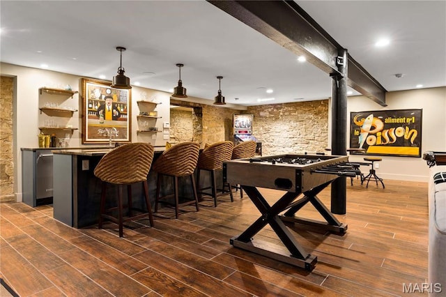 429 N Euclid Ave, Saint Louis, MO 63108 - recreation room with wet bar, dark wood-type flooring, recessed lighting, baseboards, and beamed ceiling