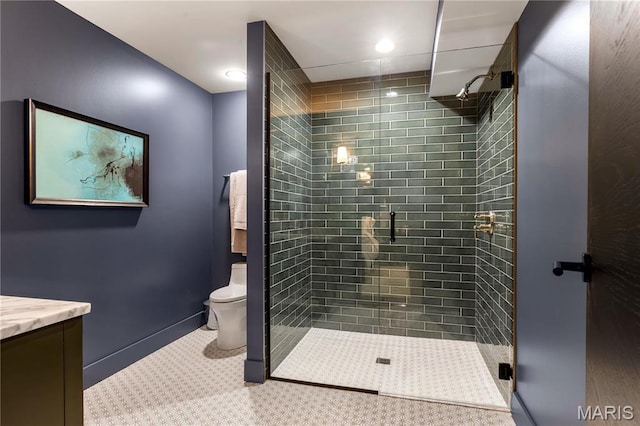 429 N Euclid Ave, Saint Louis, MO 63108 - bathroom featuring toilet, a shower stall, baseboards, vanity, and recessed lighting