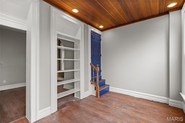 914 Russell Blvd, Saint Louis, MO 63104 - empty room featuring recessed lighting, hardwood / wood-style flooring, wood ceiling, built in shelves, and stairs