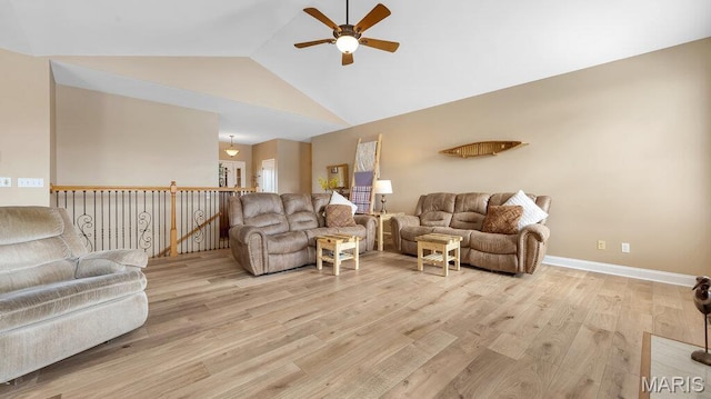 304 Wood Duck Ct, Waterloo, IL 62298 - living room featuring ceiling fan, light wood-style floors, high vaulted ceiling, and baseboards