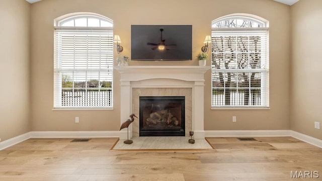 304 Wood Duck Ct, Waterloo, IL 62298 - unfurnished living room featuring a fireplace, wood finished floors, baseboards, and healthy amount of natural light