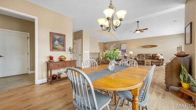 304 Wood Duck Ct, Waterloo, IL 62298 - dining room with ceiling fan, light wood-style floors, lofted ceiling, a chandelier, and baseboards