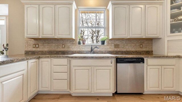 304 Wood Duck Ct, Waterloo, IL 62298 - kitchen featuring dishwasher, a sink, tasteful backsplash, and dark countertops