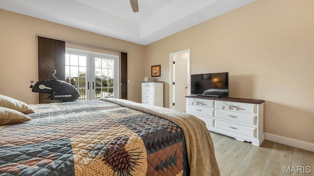 304 Wood Duck Ct, Waterloo, IL 62298 - bedroom with access to outside, french doors, light wood-type flooring, baseboards, and a ceiling fan