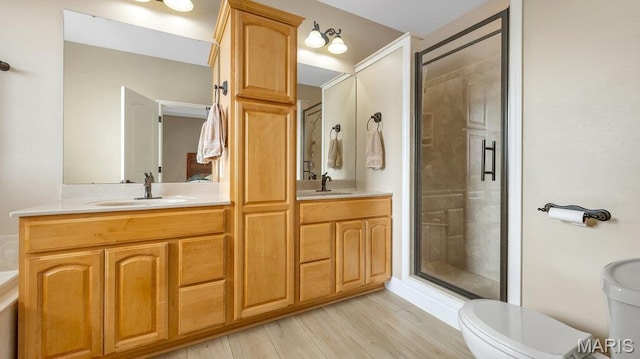 304 Wood Duck Ct, Waterloo, IL 62298 - full bath with toilet, a stall shower, double vanity, and wood finished floors