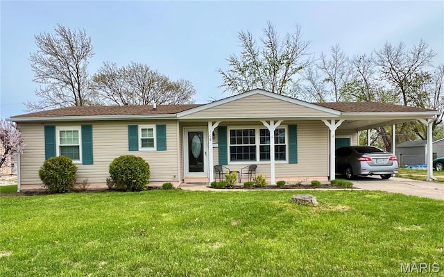 ranch-style home with an attached carport, driveway, a front lawn, and a porch