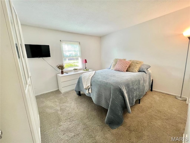 bedroom featuring carpet, baseboards, and a textured ceiling