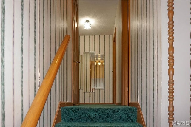 1502 Independence Rd, Rolla, MO 65401 - stairs featuring wallpapered walls, a textured ceiling, and carpet