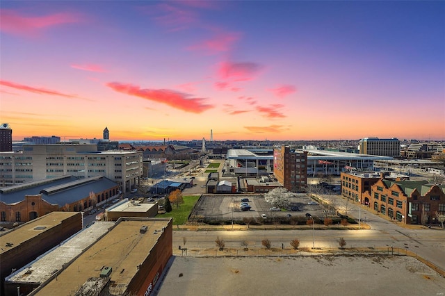 aerial view at dusk of a city view