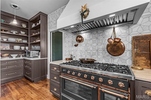 323 White Oaks Ln, Cape Girardeau, MO 63701 - kitchen featuring wall chimney range hood, double oven range, light countertops, open shelves, and backsplash