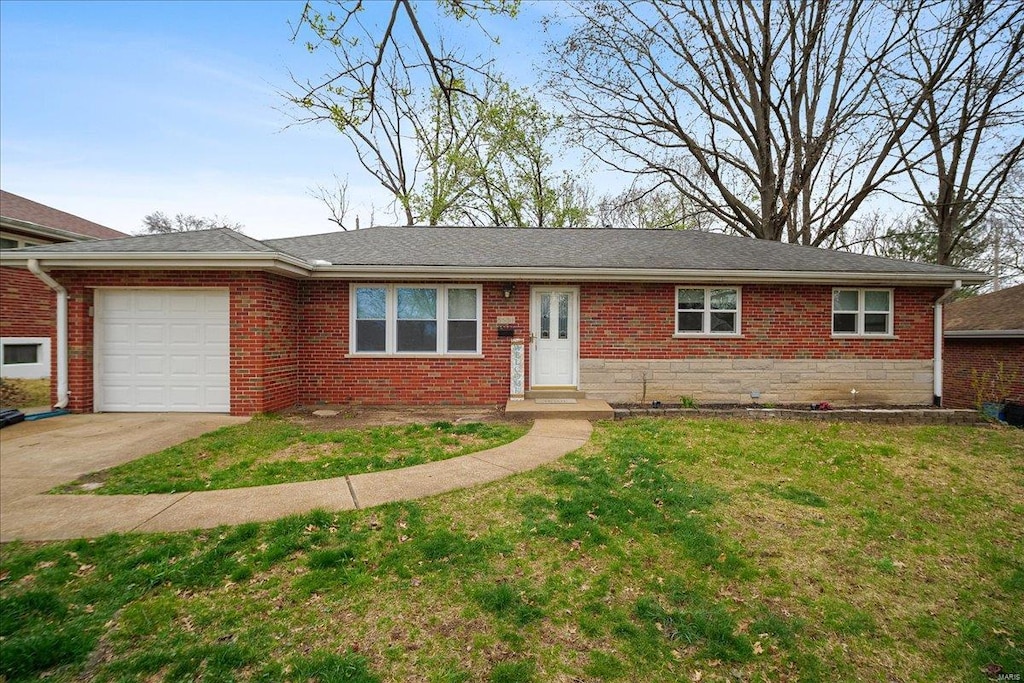 8631 Maycrest Dr, Affton, MO 63123 - ranch-style home with a garage, brick siding, a front lawn, and concrete driveway
