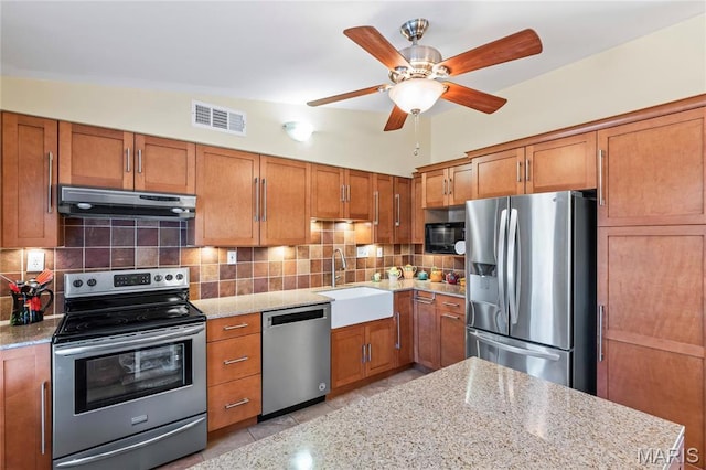 1500 Ridgewood Dr, Saint Louis, MO 63126 - kitchen with stainless steel appliances, a sink, under cabinet range hood, and brown cabinets