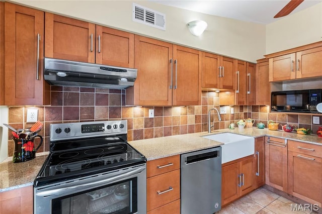 1500 Ridgewood Dr, Saint Louis, MO 63126 - kitchen featuring appliances with stainless steel finishes, under cabinet range hood, a sink, and brown cabinetry