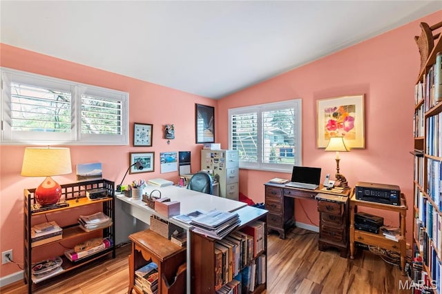 1500 Ridgewood Dr, Saint Louis, MO 63126 - office area featuring vaulted ceiling, wood finished floors, and baseboards