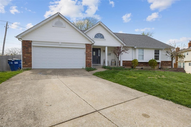 view of front of house with brick siding, concrete driveway, an attached garage, and a porch