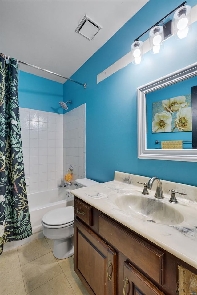 full bath with toilet, vanity, shower / tub combo, and tile patterned floors