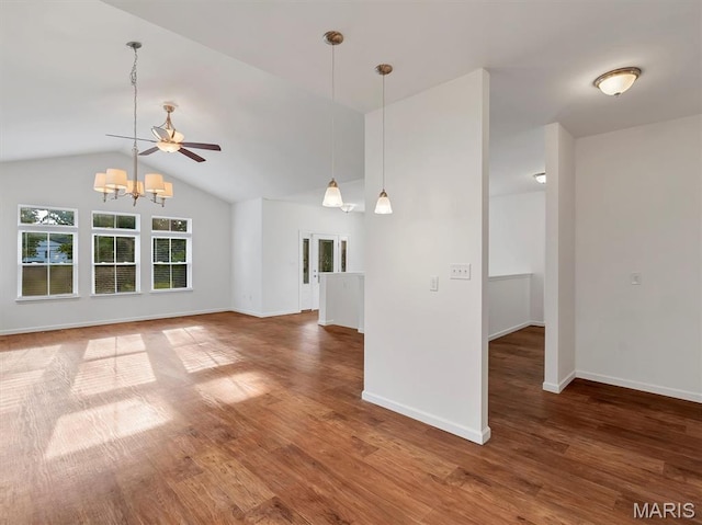 602 S Ballas Rd, Saint Louis, MO 63122 - unfurnished living room with a chandelier, vaulted ceiling, and wood finished floors