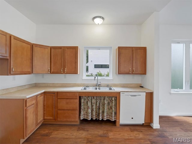 602 S Ballas Rd, Saint Louis, MO 63122 - kitchen with white dishwasher, dark wood-type flooring, and light countertops