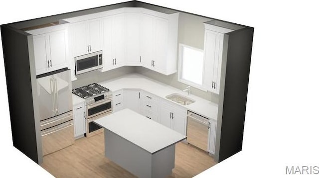 602 S Ballas Rd, Saint Louis, MO 63122 - kitchen with appliances with stainless steel finishes, a center island, light countertops, and white cabinets