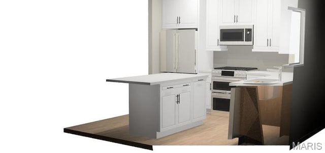 602 S Ballas Rd, Saint Louis, MO 63122 - kitchen with white appliances, white cabinets, a center island, and light countertops