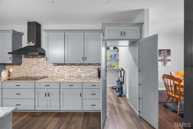 13160 Mammoth Rd, De Soto, MO 63020 - kitchen featuring wall chimney exhaust hood, gray cabinets, black electric cooktop, dark wood-style floors, and tasteful backsplash