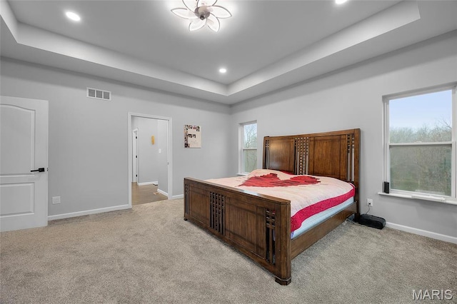 13160 Mammoth Rd, De Soto, MO 63020 - bedroom with a tray ceiling, light carpet, and recessed lighting