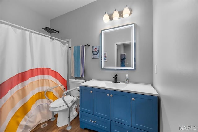 13160 Mammoth Rd, De Soto, MO 63020 - bathroom with vanity, wood finished floors, and a shower with shower curtain