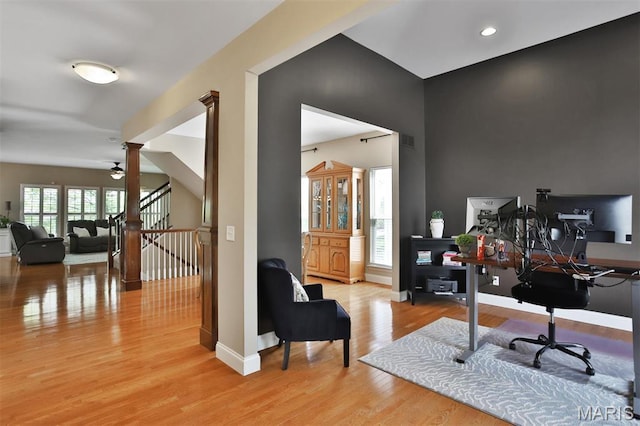 1304 Forest Way, Wentzville, MO 63385 - home office with ceiling fan, light wood-style floors, baseboards, and recessed lighting