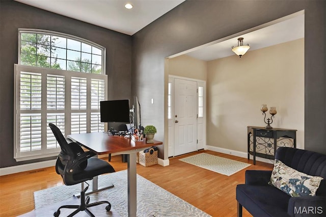 1304 Forest Way, Wentzville, MO 63385 - home office with baseboards, wood finished floors, and recessed lighting