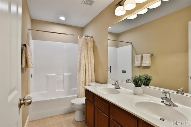 1304 Forest Way, Wentzville, MO 63385 - bathroom featuring shower / tub combo with curtain, toilet, double vanity, and tile patterned flooring