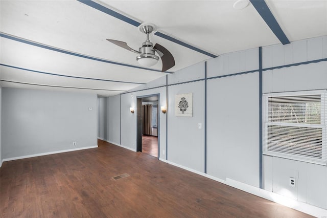 343 Del Vista Dr, Villa Ridge, MO 63089 - spare room with a ceiling fan, wood finished floors, baseboards, and beamed ceiling