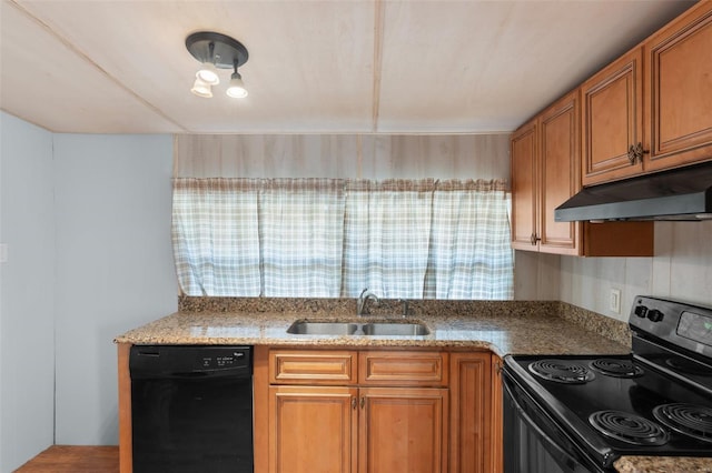 343 Del Vista Dr, Villa Ridge, MO 63089 - kitchen with stainless steel electric stove, black dishwasher, a sink, under cabinet range hood, and brown cabinets