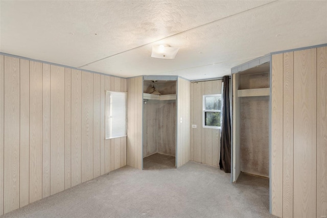 343 Del Vista Dr, Villa Ridge, MO 63089 - unfurnished bedroom featuring multiple closets, wooden walls, and carpet flooring