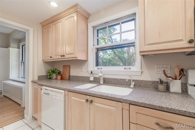 44 Kingsbury Pl, Saint Louis, MO 63112 - kitchen featuring white dishwasher, light brown cabinets, a sink, and light stone counters