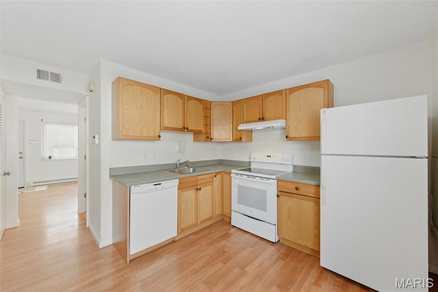 10660 Carroll Wood Way, Saint Louis, MO 63128 - kitchen with white appliances, under cabinet range hood, light wood-style flooring, light brown cabinetry, and a sink