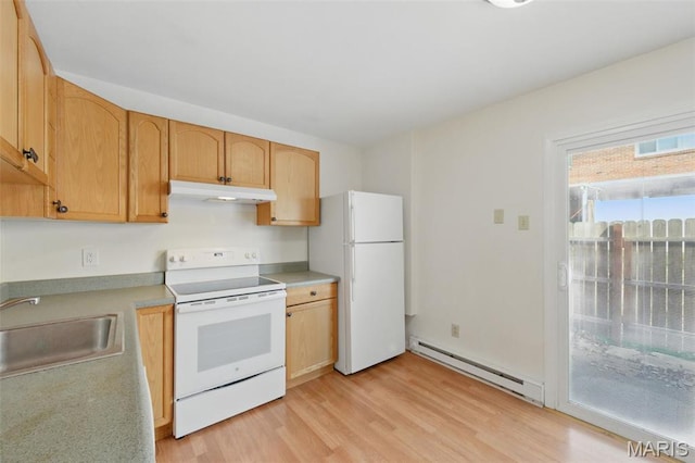 10660 Carroll Wood Way, Saint Louis, MO 63128 - kitchen with white appliances, a baseboard radiator, a sink, under cabinet range hood, and light wood-style floors