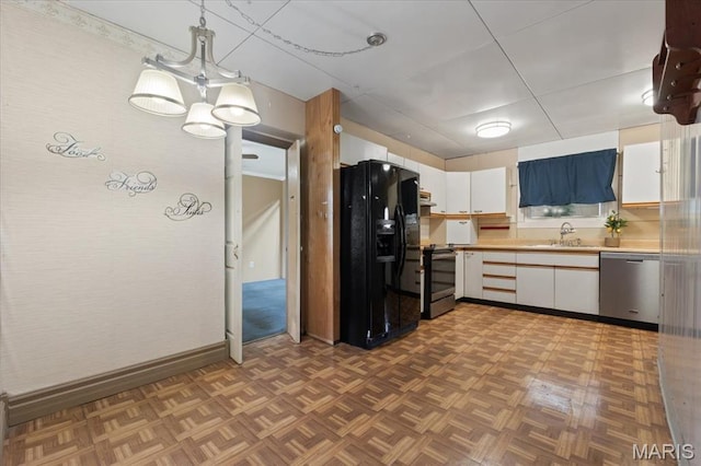 8934 Litzsinger Rd, Saint Louis, MO 63144 - kitchen with dishwasher, black refrigerator with ice dispenser, a sink, light countertops, and electric range