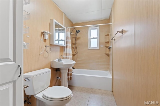 8934 Litzsinger Rd, Saint Louis, MO 63144 - full bath featuring toilet, shower / bath combo with shower curtain, and tile patterned flooring