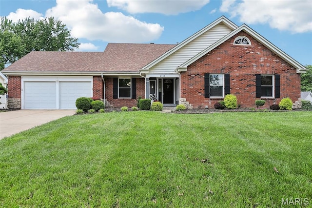 2113 Fairway Bnd, Chesterfield, MO 63017 - view of front of property with an attached garage, concrete driveway, brick siding, a front yard, and a shingled roof