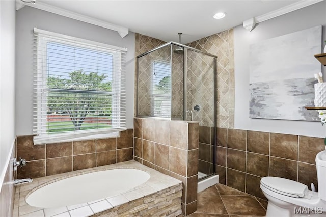 2113 Fairway Bnd, Chesterfield, MO 63017 - full bath with a shower stall, a garden tub, crown molding, toilet, and tile patterned flooring