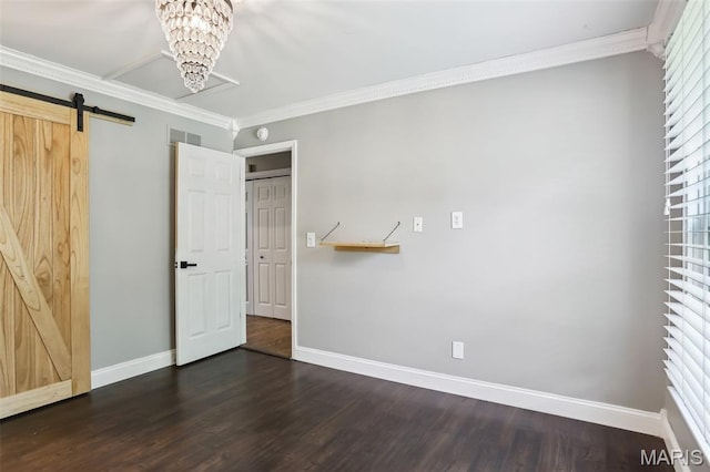 2113 Fairway Bnd, Chesterfield, MO 63017 - unfurnished bedroom featuring baseboards, dark wood-type flooring, ornamental molding, a barn door, and a chandelier