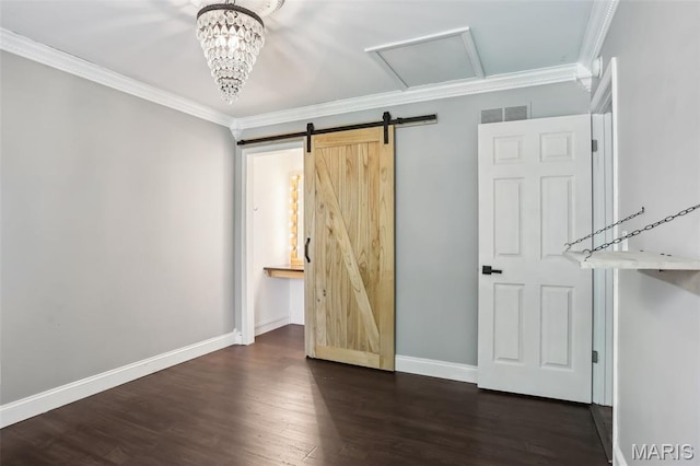 2113 Fairway Bnd, Chesterfield, MO 63017 - unfurnished bedroom with crown molding, baseboards, a barn door, and dark wood-style flooring