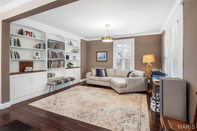 2521 High School Dr, Saint Louis, MO 63144 - living room with dark wood-style flooring, ornamental molding, baseboards, and built in features