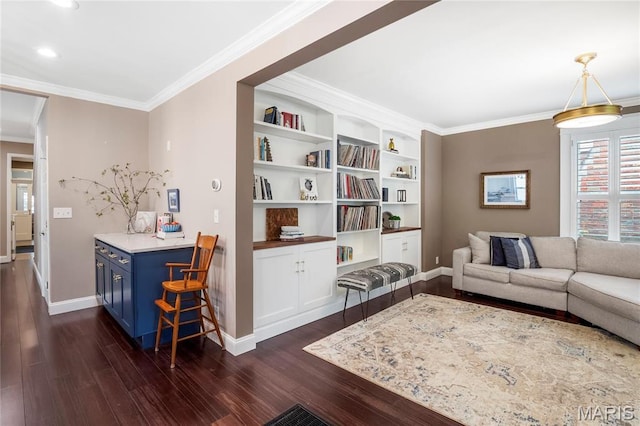 2521 High School Dr, Saint Louis, MO 63144 - living room with dark wood finished floors, crown molding, baseboards, and recessed lighting