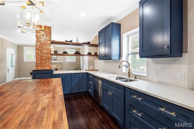 2521 High School Dr, Saint Louis, MO 63144 - kitchen with butcher block countertops, blue cabinets, a sink, dishwasher, and dark wood-style floors
