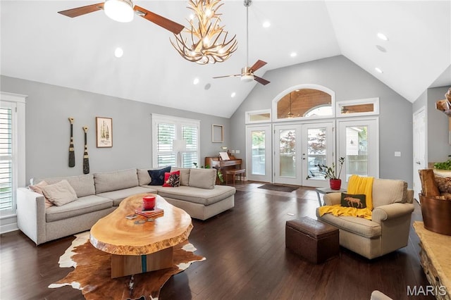 2521 High School Dr, Saint Louis, MO 63144 - living area featuring a ceiling fan, high vaulted ceiling, dark wood finished floors, and recessed lighting