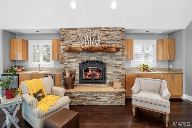 2521 High School Dr, Saint Louis, MO 63144 - living area with dark wood-style floors and a stone fireplace
