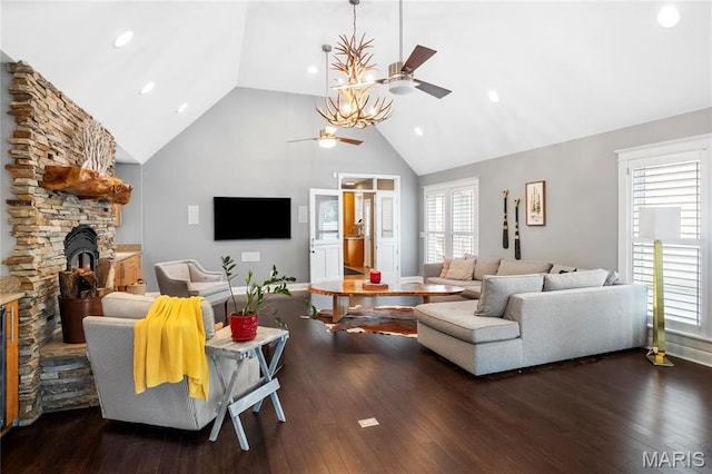 2521 High School Dr, Saint Louis, MO 63144 - living room with ceiling fan, high vaulted ceiling, dark wood-style floors, baseboards, and recessed lighting
