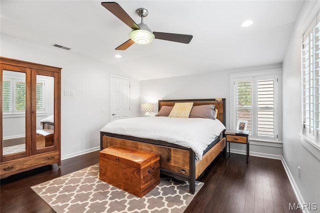 2521 High School Dr, Saint Louis, MO 63144 - bedroom with dark wood-style floors, baseboards, recessed lighting, a ceiling fan, and vaulted ceiling