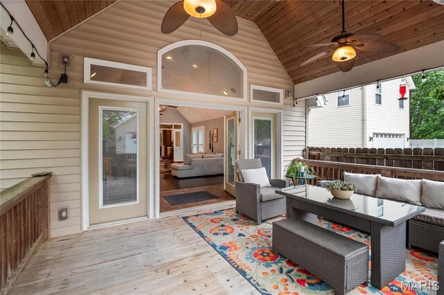 2521 High School Dr, Saint Louis, MO 63144 - wooden terrace with an outdoor living space, ceiling fan, and fence
